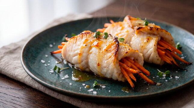 Macro shot of gourmet sole fish rolls stuffed with carrots and citrus glaze on a teal plate