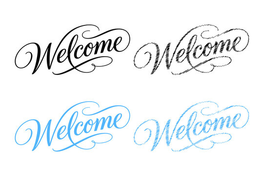 Decorative welcome script calligraphy lettering set in black and blue colors with solid and sketchy textured fill effect on png.