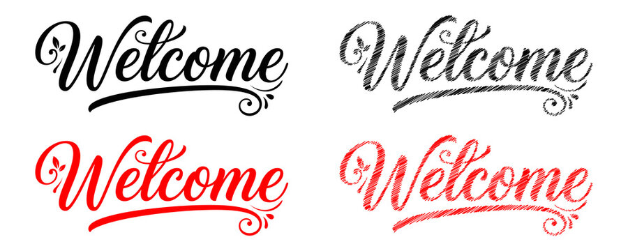 Welcome calligraphy text with floral leafy accents in black and red colors featuring smooth and pencil sketch styles for crafts.