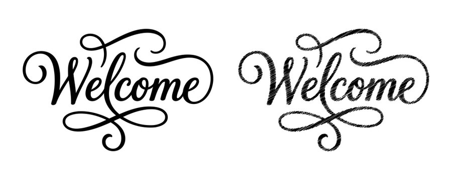 Two elegant welcome signs featuring calligraphic lettering with decorative flourishes, one smooth and one textured.