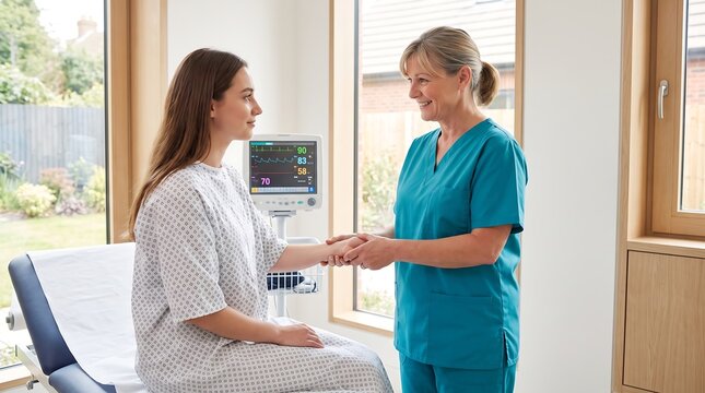 Kind nurse taking pulse rate of patient sitting on examination bed in clinic. Medical worker checking vital signs and radial pulse during health assessment visit