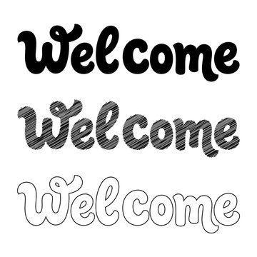 Welcome word variations: bold print, sketched texture, and outline styles, providing versatile typographic elements for design projects.