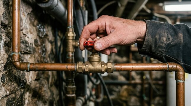 Worker adjusting a vintage copper pipe valve