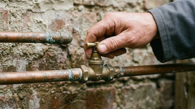 Plumbers Hand Adjusting a Brass Valve on Aged Copper Piping Against a Weathered Brick Wall