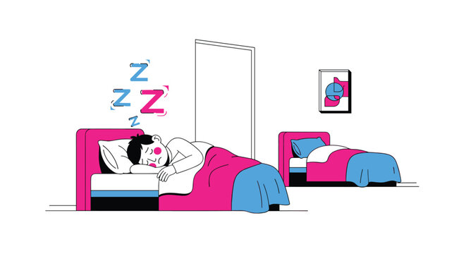 Young boy sleeping peacefully in a cozy bedroom with pink and blue sheets to emphasize deep night rest and recovery.