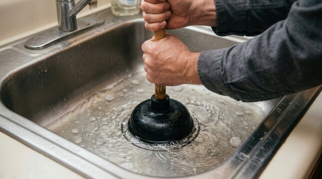 Handyman Using a Rubber Plunger to Clear a Clogged Kitchen Sink Drain Depicting Essential Home Maintenance and Plumbing Repair Services in a Domestic Setting