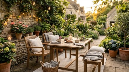Obraz premium Cozy Garden Patio Dining Area with String Lights and Flowers at Sunset