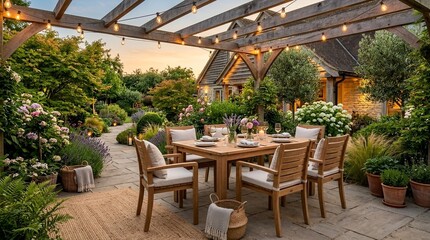 Obraz premium Cozy Garden Patio Dining Set with String Lights at Dusk