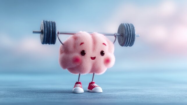 Brain gains! A cute, fluffy brain character pumps iron in stylish shoes, smiling through the burn.
