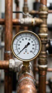 Brass Pressure Gauge Mounted on Weathered Copper Piping in an Industrial Heating System