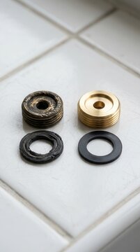 Comparing Worn Antique Brass Plumbing Components Against Pristine Modern Replacements on a Clean Tiled Surface to Illustrate the Essence of Mechanical Maintenance