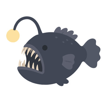 Hand-drawn anglerfish vector icon illustration featuring a menacing deep-sea fish with sharp jagged teeth and a glowing spherical lure dangling from a curved antenna over its head