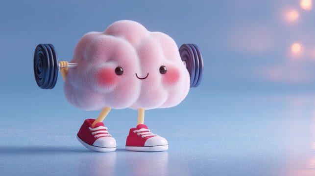 Brainy gains! Cute fluffy cloud lifting weights, promoting exercise and healthy habits for a strong mind.