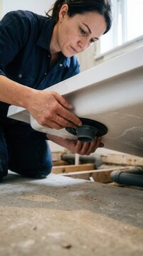 Tradeswoman Precision Installing a Shower Tray Drain in a Residential Renovation Project