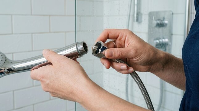 Hands Connecting a Chrome Showerhead Hose for Efficient Home Bathroom Maintenance and Fixture Installation