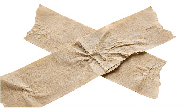 Brown masking tape strips in cross shape. Adhesive paper tape isolated on white background.