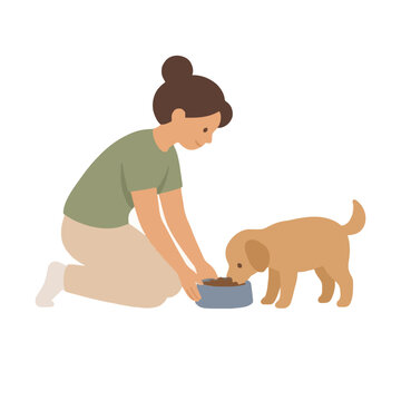 Charming hand-drawn vector illustration of a smiling woman with a bun kneeling to feed her adorable tan puppy from a blue bowl of kibble, isolated on white background