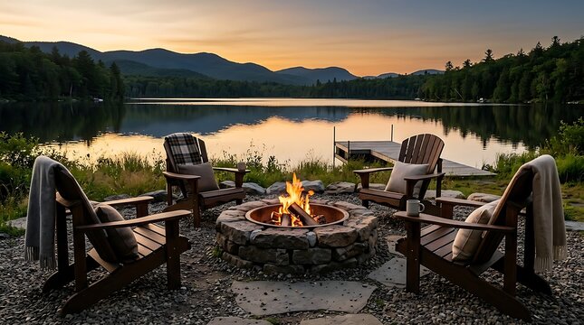 Cozy lakeside fire pit with chairs at sunset, Adirondack chairs, tranquil nature scene