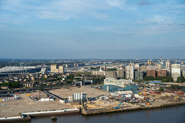 Fototapeta premium Wheybridge, UK - 26 Jun 25: View across Royal Docks from IFS Cloud Cable Car