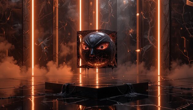 Abstract demon head in a glowing portal. Dark fantasy entity floating in neon light.