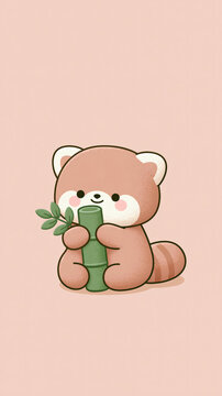 A cute cartoon red panda illustration sits and holds a piece of green bamboo on a soft pink background for a sweet and simple artistic design