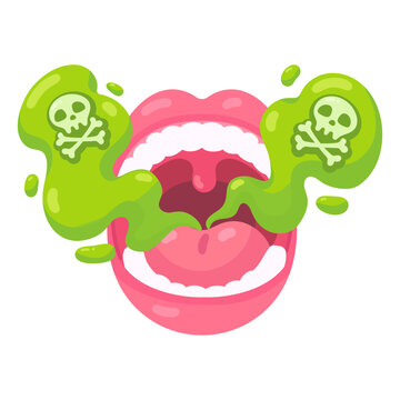 Vibrant cartoon graphic of poor oral hygiene, showing bad breath emanating from open mouth with toxic green vapor.