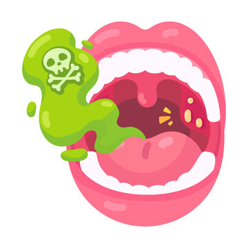 Vivid cartoon depicting bad breath from an open mouth, symbolizing oral health issues and sickness.