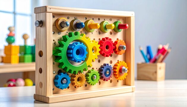 "Wooden pegboard toy with colorful interlocking gears, bolts, and tools symbolizing mechanics, learning, and playful hands‑on education."