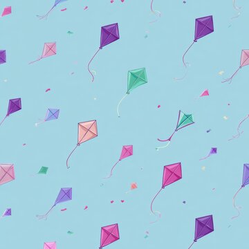 A whimsical pattern of colorful diamond-shaped kites gracefully soaring against a gentle, sky blue backdrop.