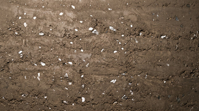 Rammed earth wall texture background. Natural soil construction surface with stone fragments.