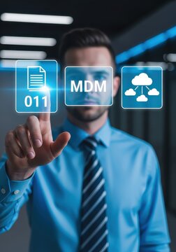 Businessman Using Virtual MDM Mobile Device Management Interface for Secure Cloud Data and Enterprise Solutions