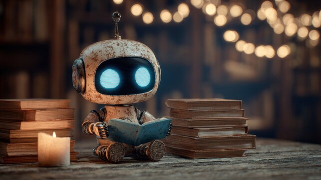 An old, weathered robot sits and reads a book by candlelight in a warm, cozy library setting.