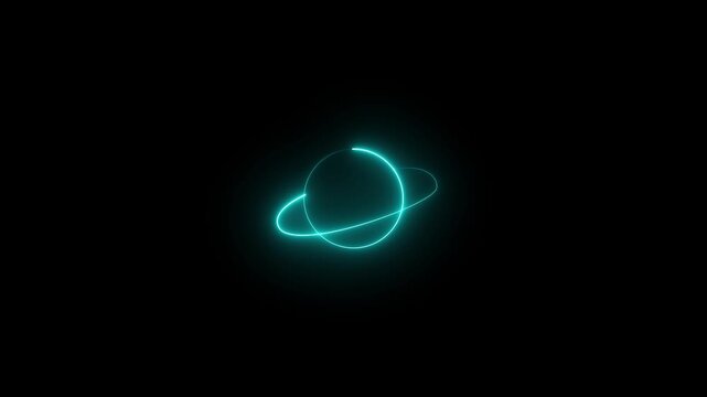 Neon animated planet on a black background. Loop neon rings spinning and floating black background, Shiny planet with luminous ring and many satellites. motion graphic of Sci-fi concept.