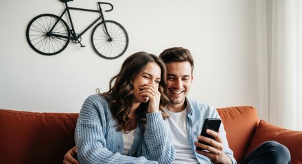 Fototapeta premium Happy young couple laughing while looking at a smartphone together on a couch in a modern living room.