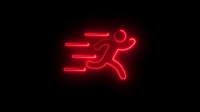 Glowing neon line red color runner sing. Running neon sign appear in center and disappear after some time on a transparent background. motion graphic of runner man concept.