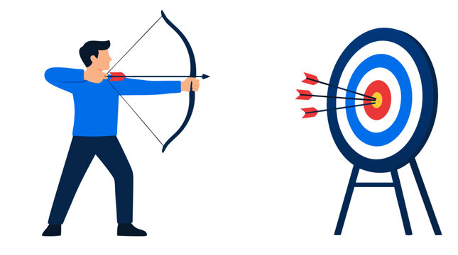 Archer aiming bow and arrow at circular target, hitting bullseye, goal achievement and success concept, flat vector illustration of focused marksman
