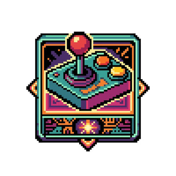 Pixel art joystick and arcade buttons badge with frame.