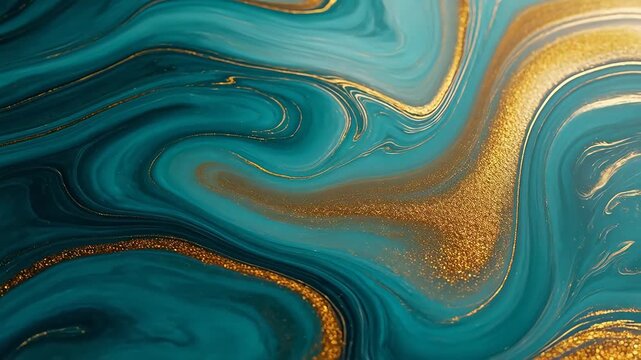 Abstract swirling teal and gold patterns