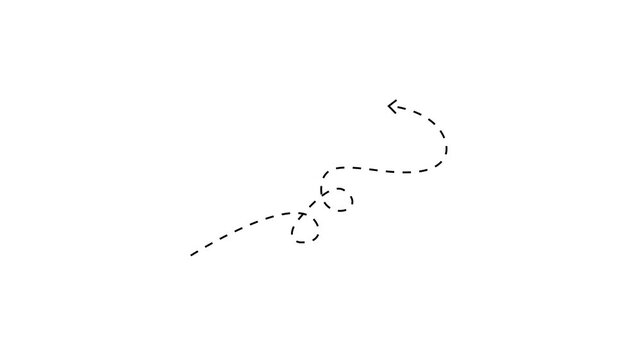 White dashed arrow line curving and looping on a white background. motion graphic of left-pointing arrow dashed line concept.