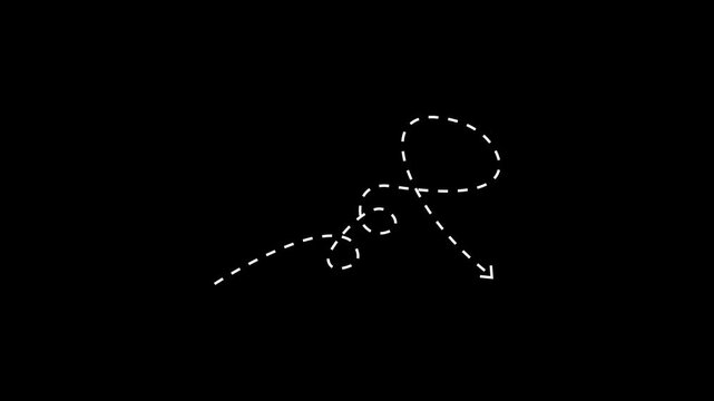 White dashed arrow curving in a spiral on a black background line curve. motion graphic of dashed arrow concept on a transparent background.