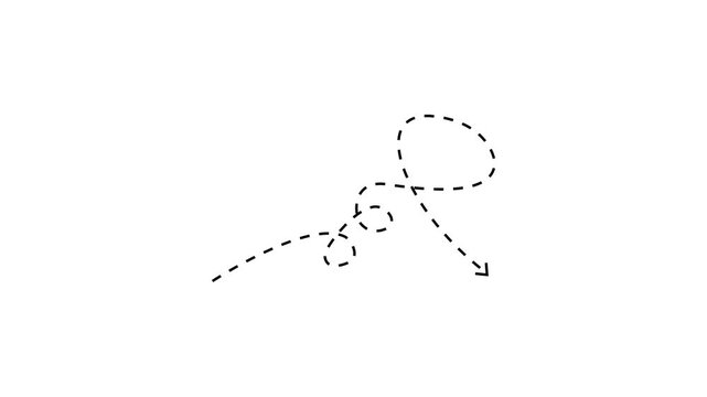 Black dashed arrow curving in a spiral on a white background line curve. motion graphic of dashed arrow concept on a transparent background.