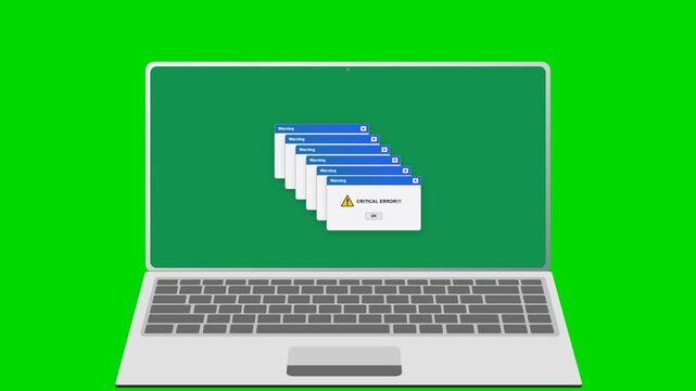 Computer critical error message pop ups on laptop over green screen. 4K Video