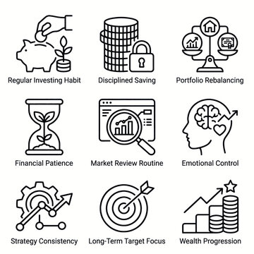 Collection of Financial Icons Representing Investment Strategies and Financial Management Concepts.