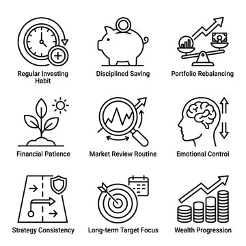 Set of icons representing financial planning, investment strategies, and wealth management concepts.
