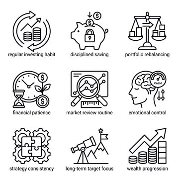 Collection of finance and investment icons representing concepts like saving, investing, and emotional control.