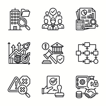 Collection of business and finance icons representing various concepts like analysis, teamwork, strategy, and security.