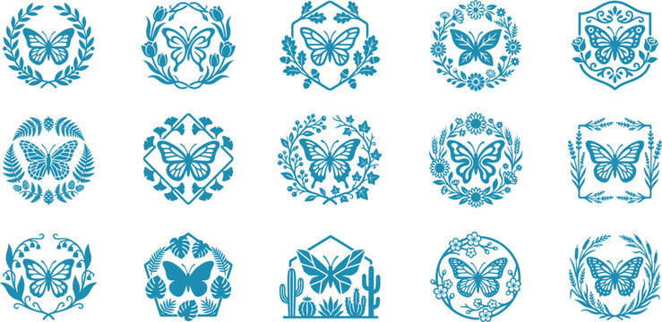 Set of butterfly pixelated circle icons with abstract geometric digital shapes inside