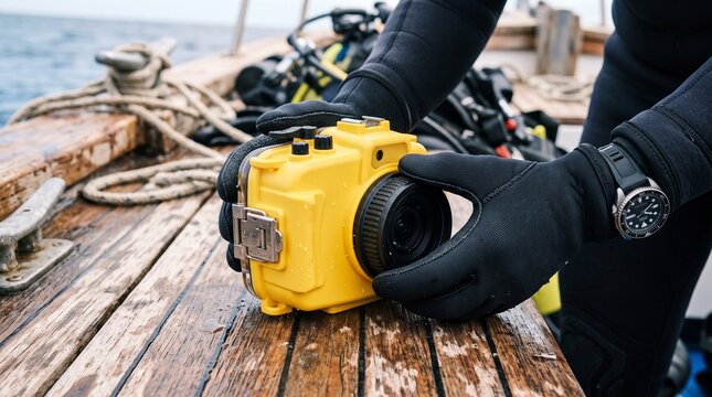Scuba diver preparing yellow underwater camera housing on wooden boat deck before diving session