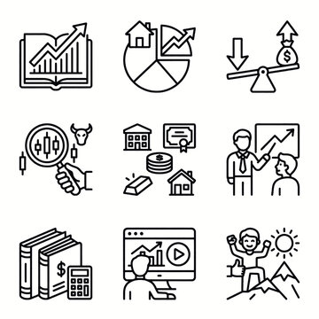 Collection of icons representing financial concepts, business growth, and investment strategies.