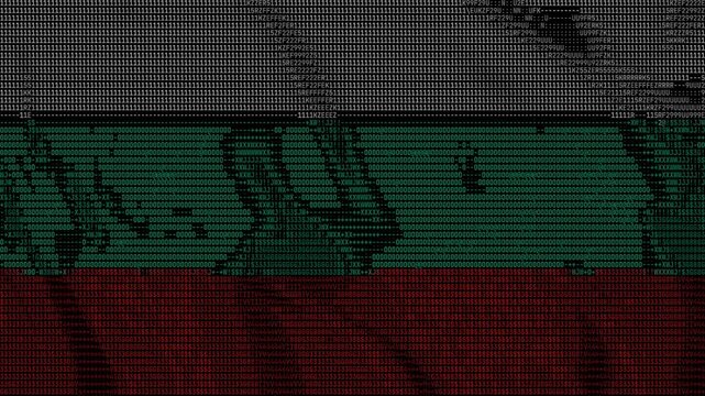 Glitchy digital flag of Bulgaria, distorted pixelated national symbol, retro computer screen effect with signal interference